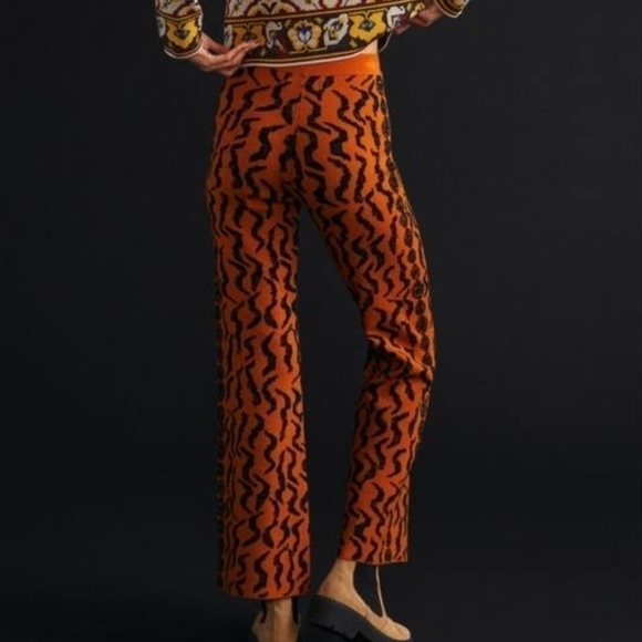 Anthropologie Wide Flared Tiger Print knit Pants Orange/Blk, US Women's XL NWOT - Picture 2 of 10